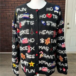 Marisa Christina 1998 Christmas Sweater Cardigan Black Embroidered Holiday Large
